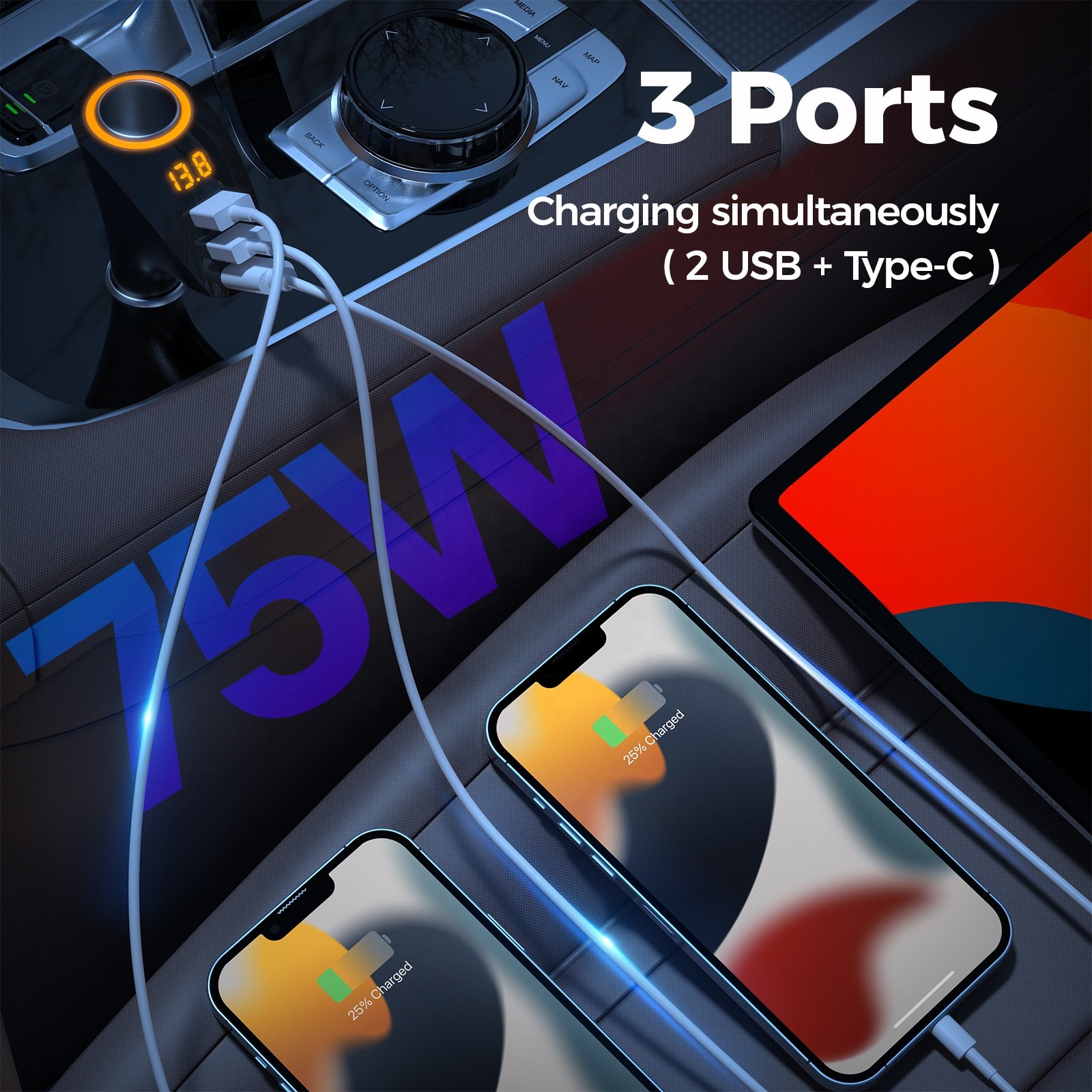 75W Fast Charging Car Charger Cigarette Lighter Splitter Adapter USB Car Charger, Car Charger with Voltage Display