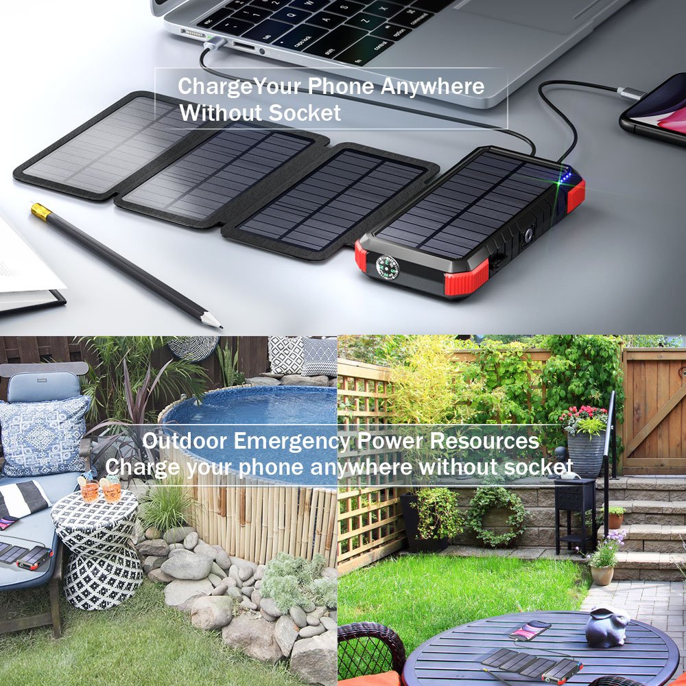 Rugged outdoor Hiking Camping Compass LED Camping flashlight foldable PD QC fast charge 20000mAH solar power bank