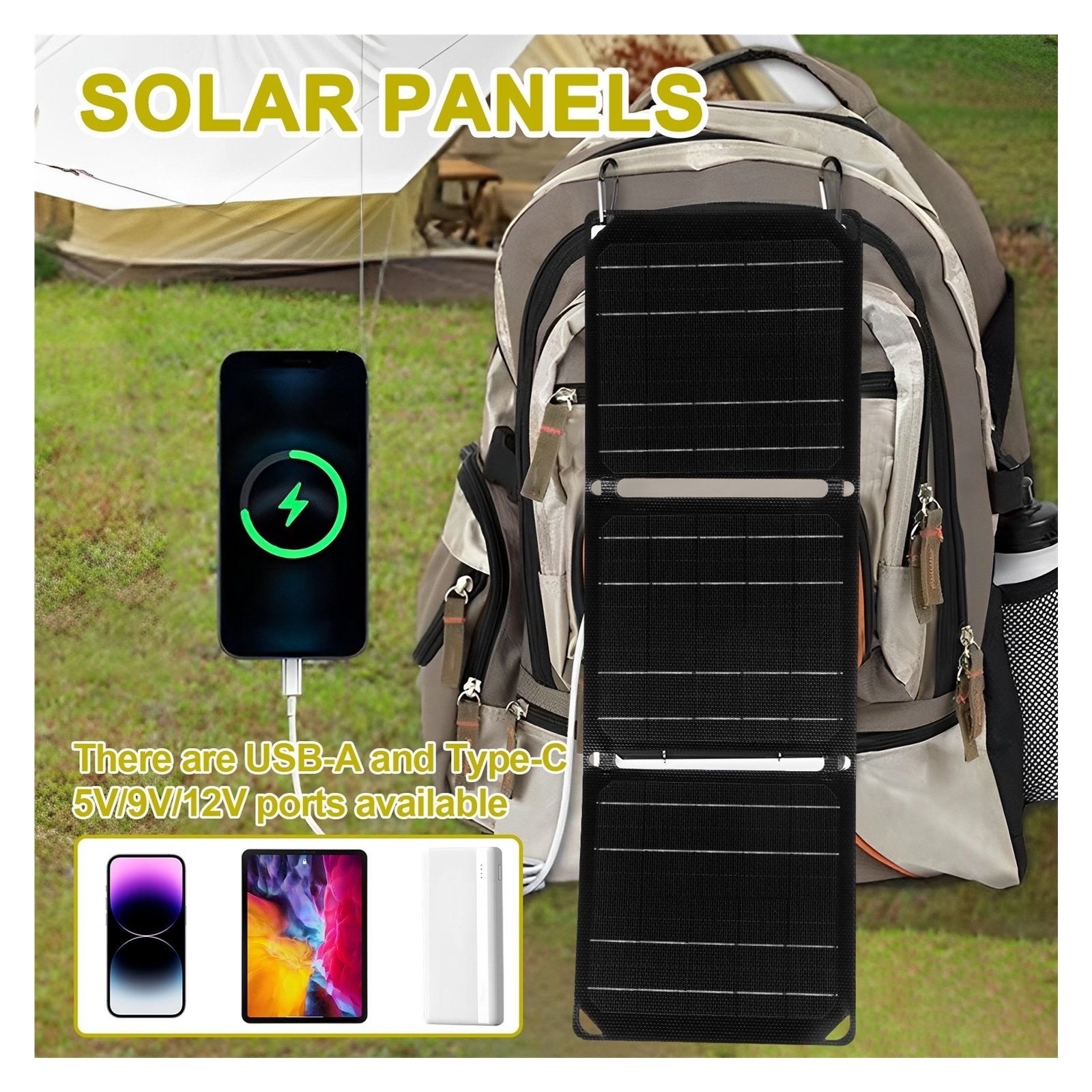 Senhuo Portable Solar 21W 2A IP68 Waterproof Foldable Panel Charger With 5V/9V/12V USB A And Type C Outputs For Outdoor Use