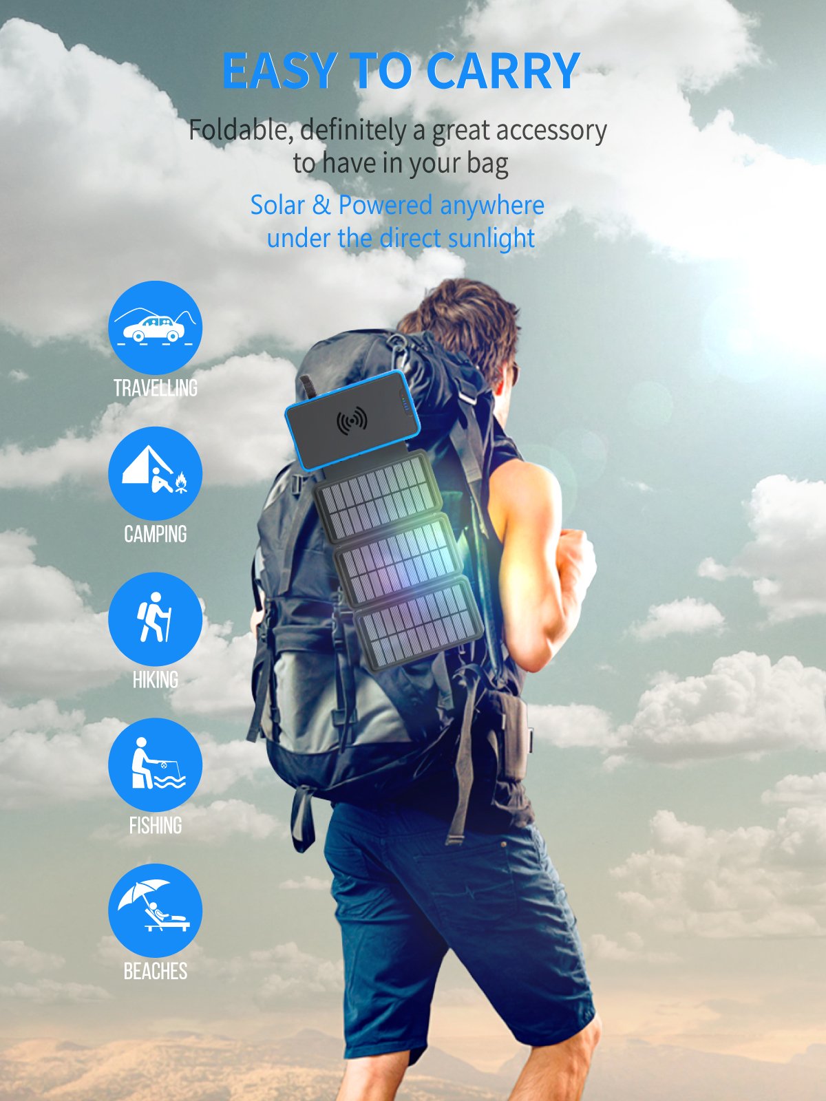 New 2024 Products OEM Logo Large Capacity Wireless Charging Bank Dual USB Outdoor Waterproof Portable Solar Power Bank 20000mAh