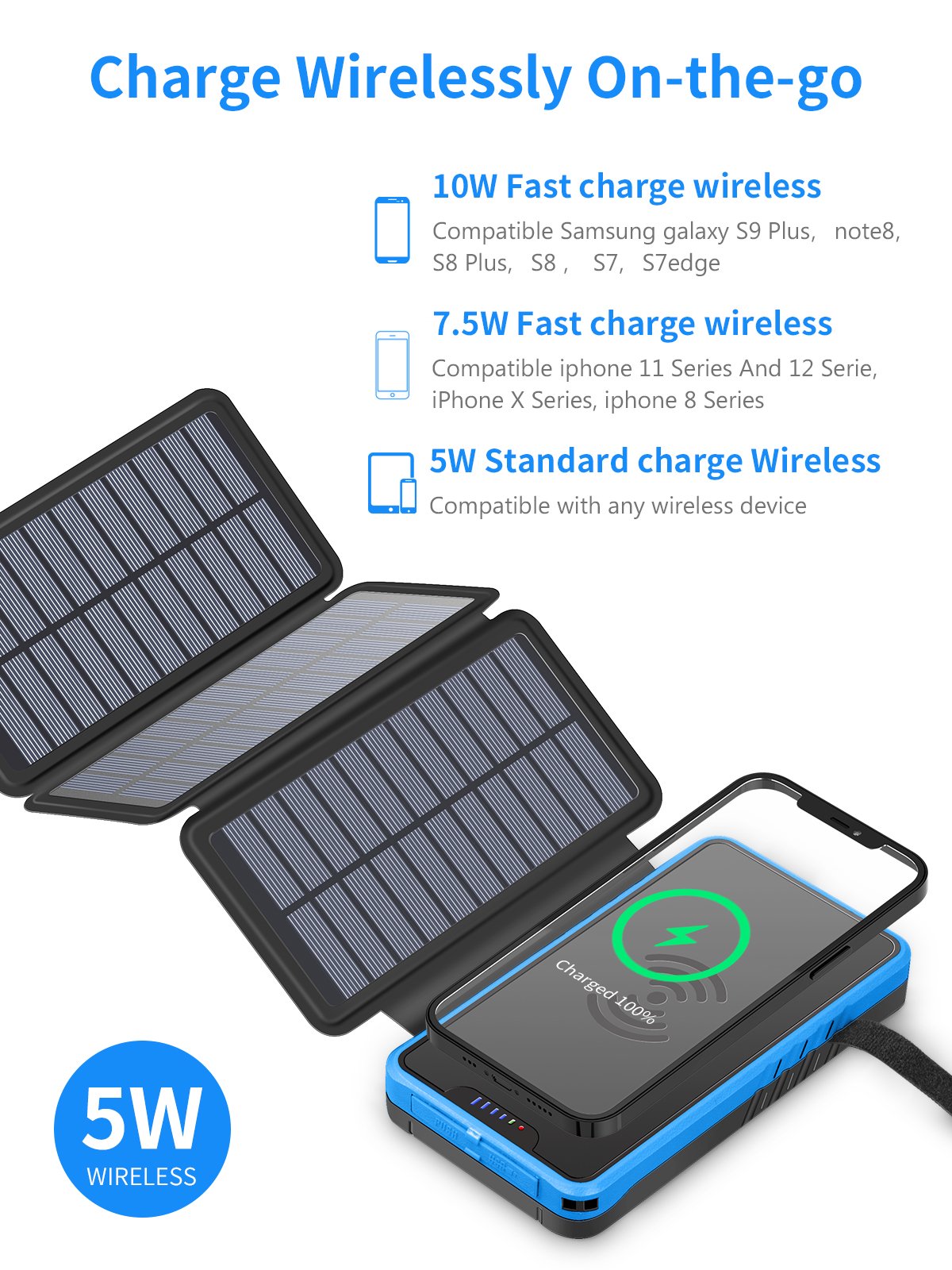 New 2024 Products OEM Logo Large Capacity Wireless Charging Bank Dual USB Outdoor Waterproof Portable Solar Power Bank 20000mAh