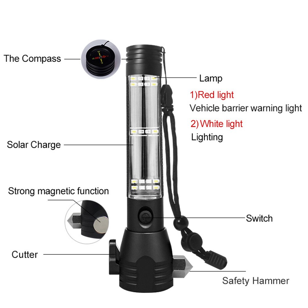 Multi Function Self Defense USB Charger Power Bank Solar Rechargeable Safety Hammer Flashlight Car Emergency Equipment Led Torch
