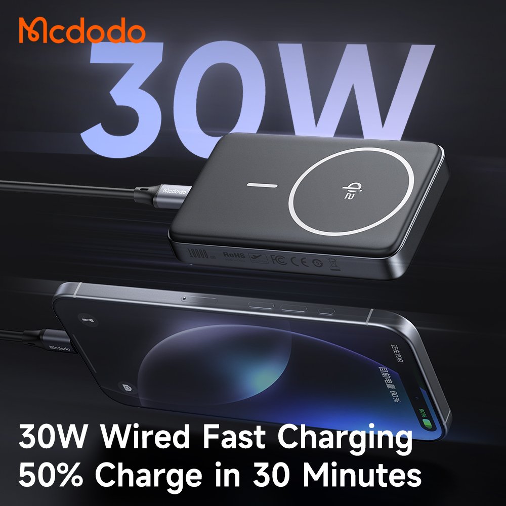 Mcdodo 781 MagQ Portable Charger 10000mAh 15W Qi2 Wireless Charging 30W PD Fast Charging Smart LED USB-C Magnetic Power Bank Qi2