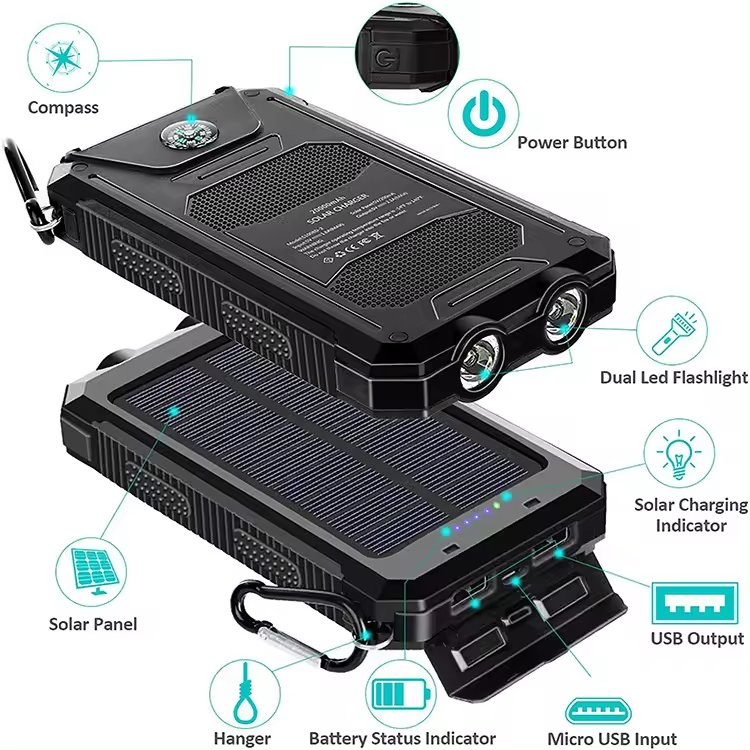 Multi interface 20000mah Wireless charger solar outdoor powerbank with cable portable mobile power bank