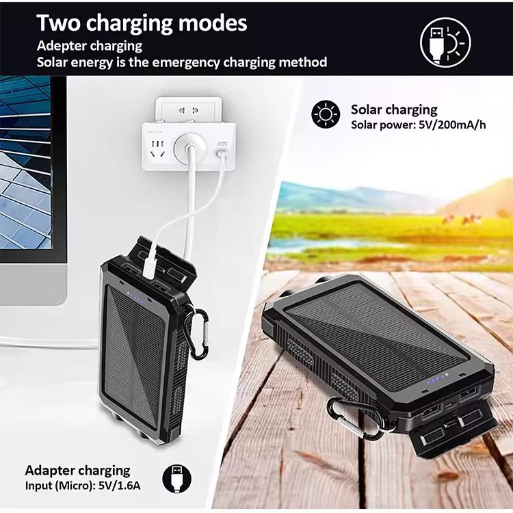 Multi interface 20000mah Wireless charger solar outdoor powerbank with cable portable mobile power bank