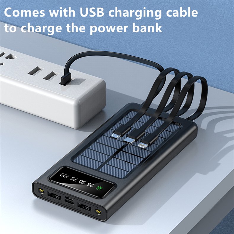 Wholesale dual usb dual input port li-polymer Built-in 4 Cables solar mobile charger portable solar power bank 10000mah