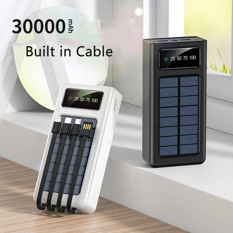 New Arrival Travel 10000mAh solar panel portable charger with four cables build-in solar Power Bank