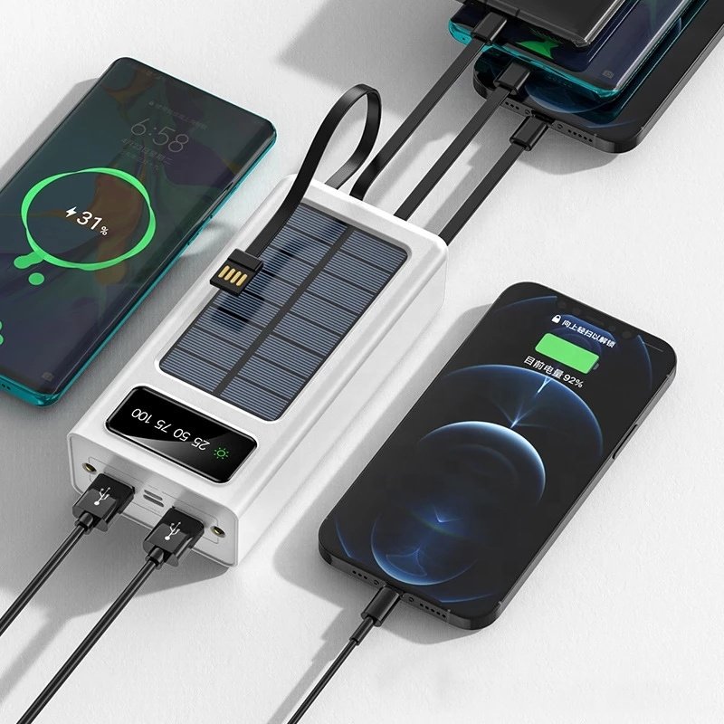 New Arrival Travel 10000mAh solar panel portable charger with four cables build-in solar Power Bank
