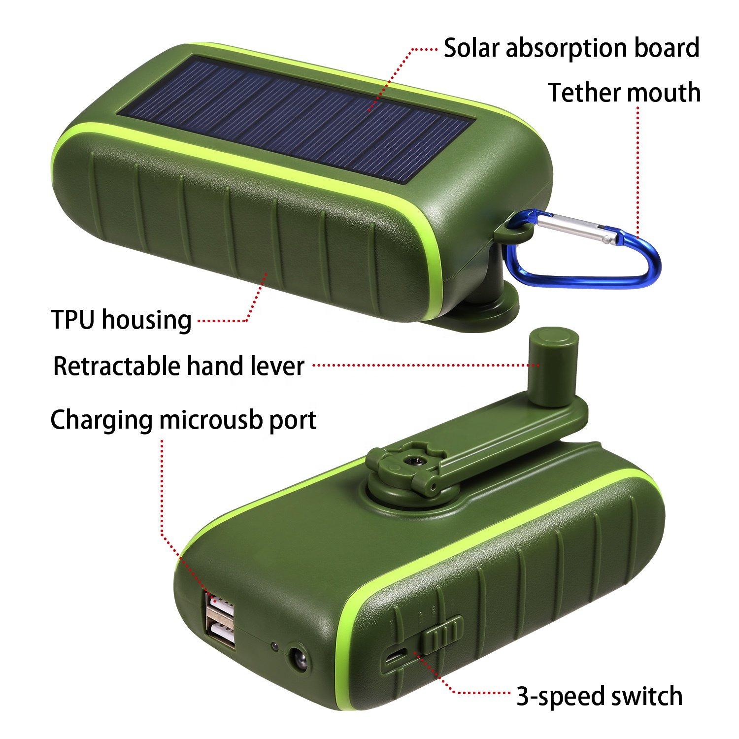 New Waterproof Solar Power Bank 8000mAh Hand Crank Emergency Solar Charger Powerbank for Storm hits , earthquake