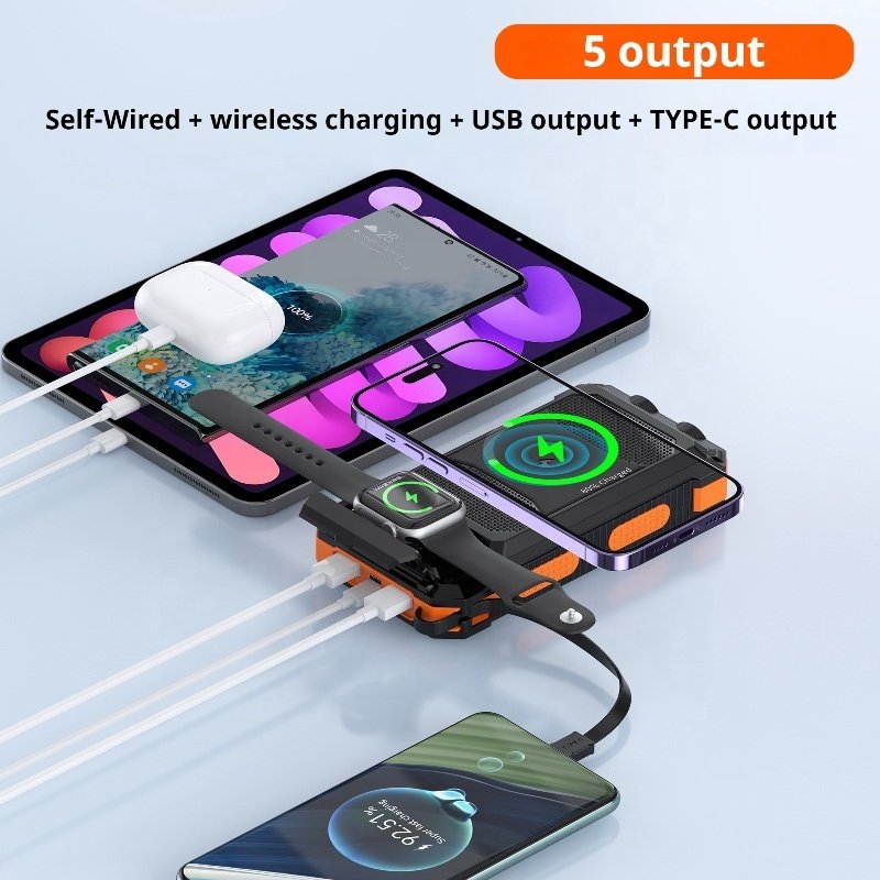 NEW Solar Panel Wireless Fast charging 30000mah Power bank Portable With Torches Built-in line Solar Fast charging Charger