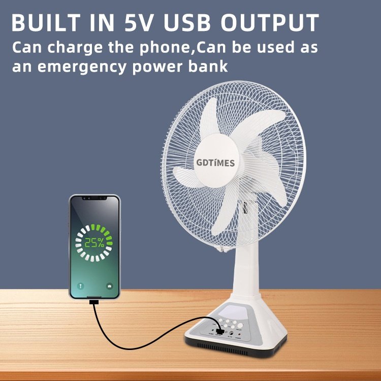 GDTIMES Hot selling Solar charging table rechargeable fan 14 inch Solar fan with USB Charger solar panel and bulbs