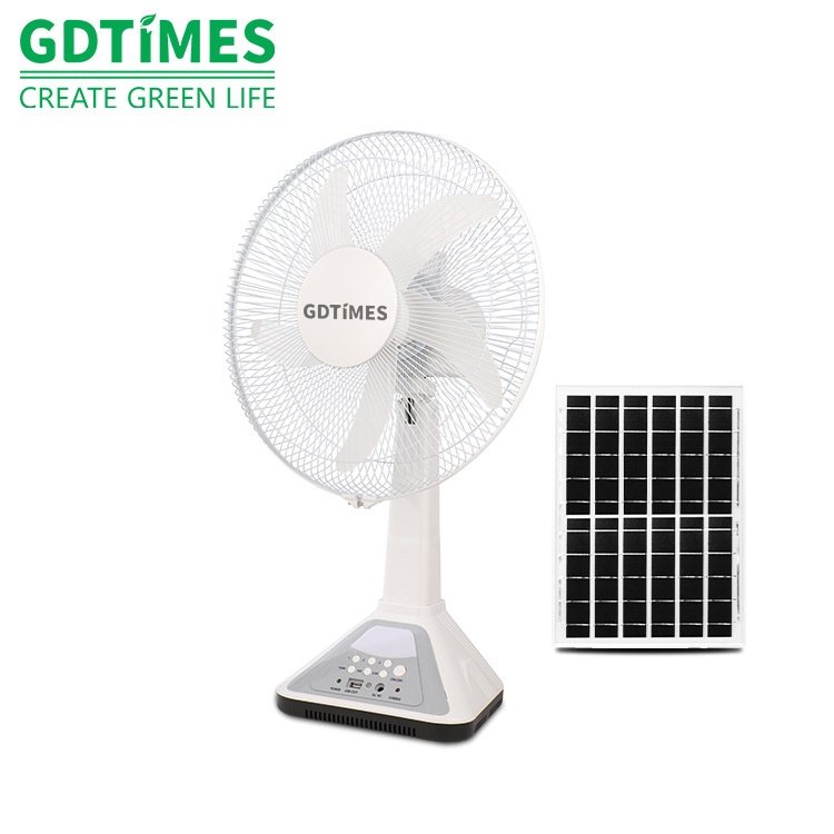 GDTIMES Hot selling Solar charging table rechargeable fan 14 inch Solar fan with USB Charger solar panel and bulbs