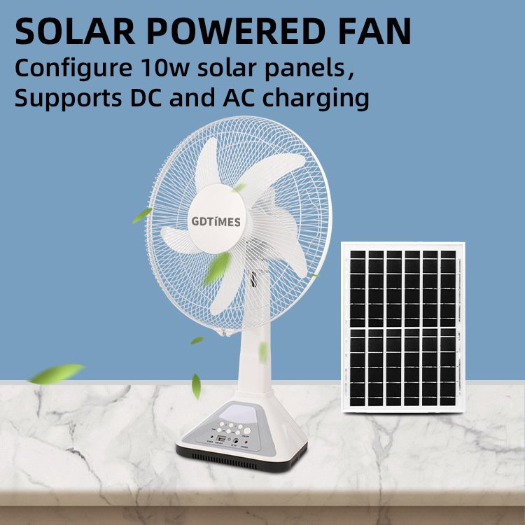 GDTIMES Hot selling Solar charging table rechargeable fan 14 inch Solar fan with USB Charger solar panel and bulbs