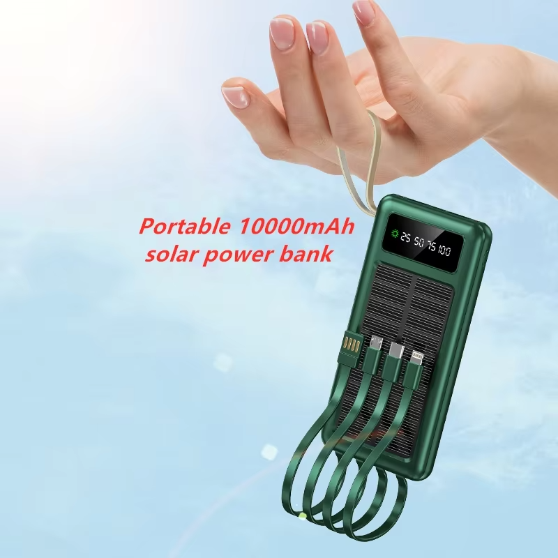 Factory Solar Portable Power Bank With 4 Cables 10000mah Mobile Phone Charger Powerbank Usb Battery Backup Outdoor
