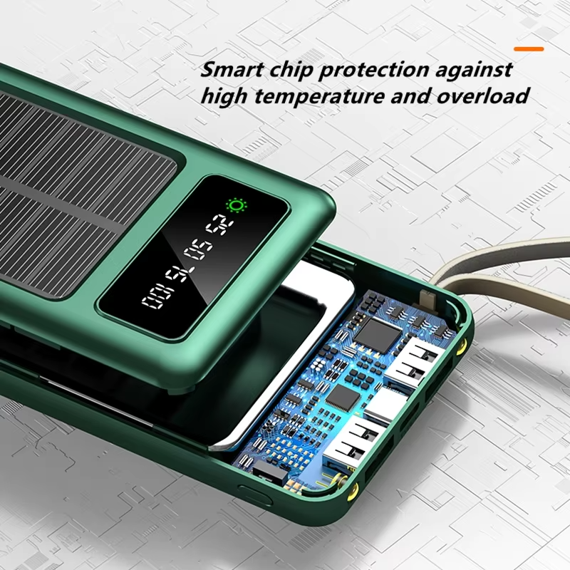 Factory Solar Portable Power Bank With 4 Cables 10000mah Mobile Phone Charger Powerbank Usb Battery Backup Outdoor