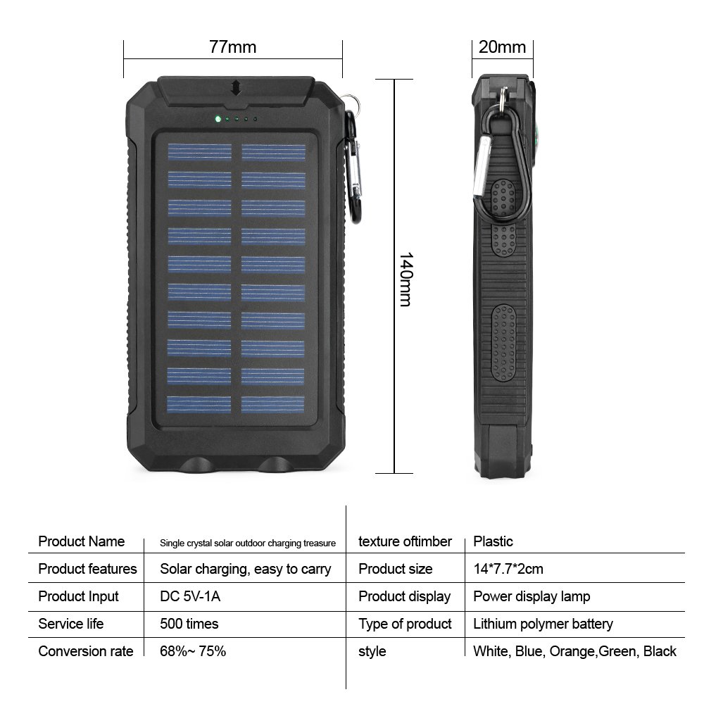 Solar Charger 5000/10000/20000mAh Portable Solar Power Bank Waterproof Battery Pack USB 5V Outputs and LED Flashlights