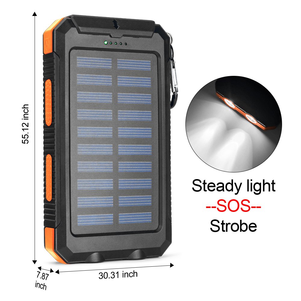 Solar Charger 5000/10000/20000mAh Portable Solar Power Bank Waterproof Battery Pack USB 5V Outputs and LED Flashlights