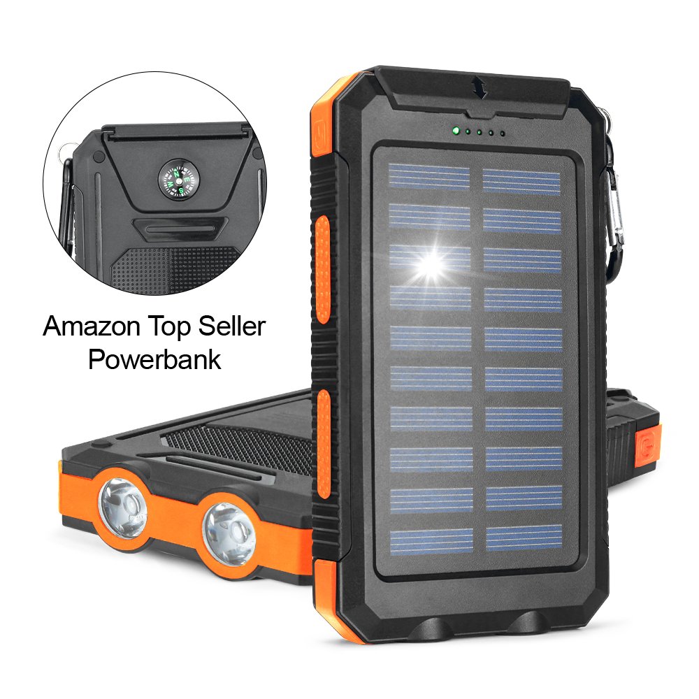 Solar Charger 5000/10000/20000mAh Portable Solar Power Bank Waterproof Battery Pack USB 5V Outputs and LED Flashlights