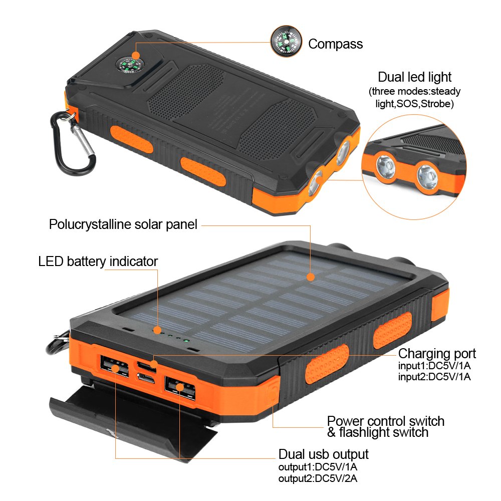 Solar Charger 5000/10000/20000mAh Portable Solar Power Bank Waterproof Battery Pack USB 5V Outputs and LED Flashlights