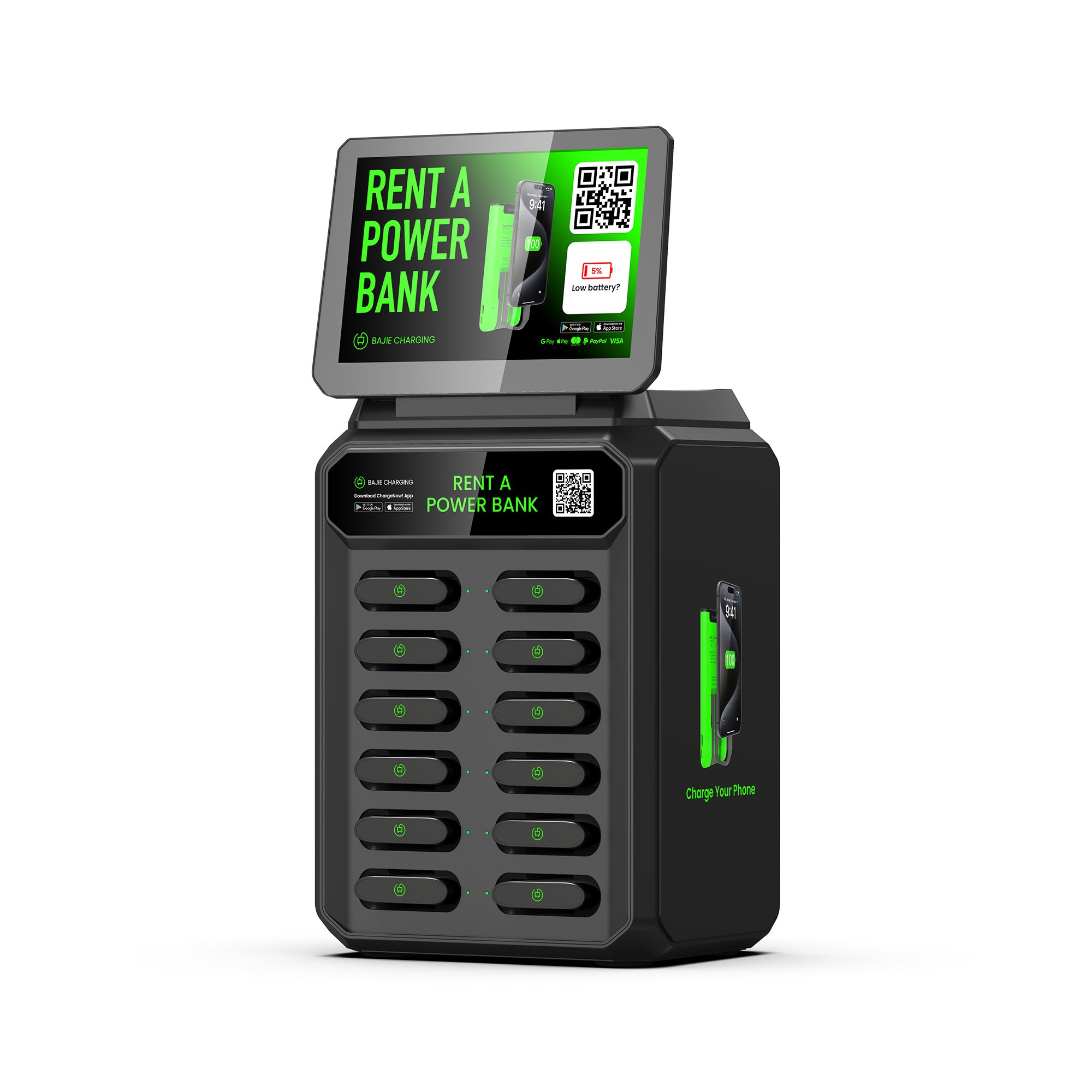 Poolroom spot for self service vending Device 12 Slot sharing power bank rental station with screen rental power bank easy go