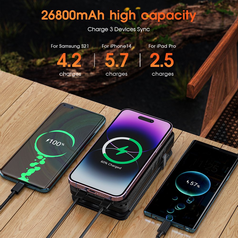 New Products 2024 OEM Logo Outdoor Waterproof USB C 26800mAh Large Capacity Portable Wireless Charging Solar Power Bank 20000mAh