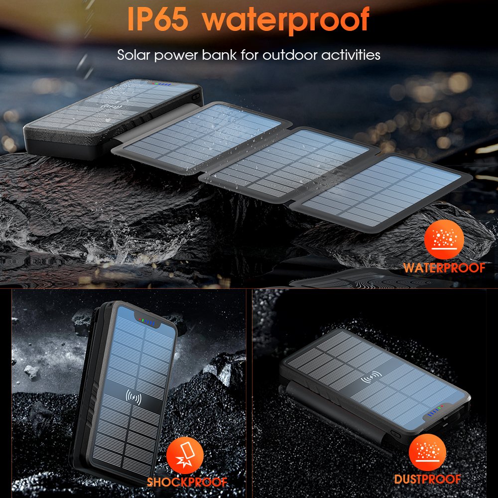 New Products 2024 OEM Logo Outdoor Waterproof USB C 26800mAh Large Capacity Portable Wireless Charging Solar Power Bank 20000mAh