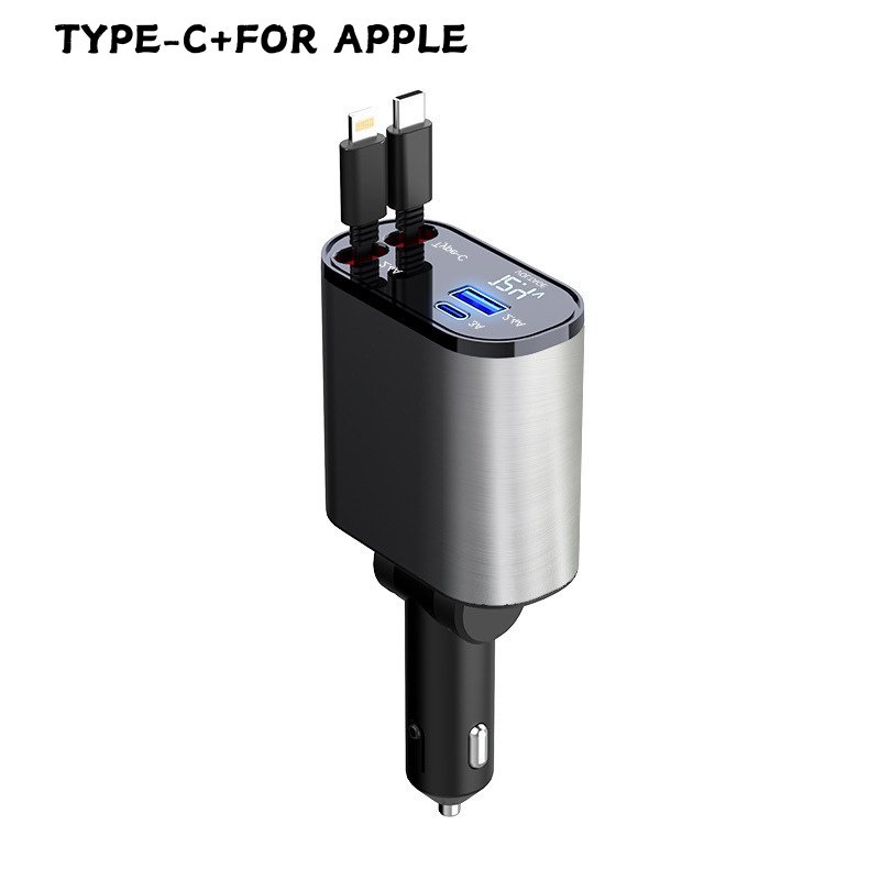 Portable 2.4A 3A 12.4V Fast Charging Retractable Car Charger Usb Type C Cable For Phone For Apple