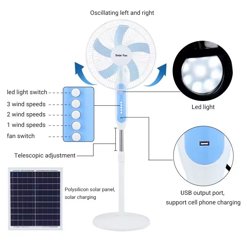Custom 16 Inch Solar Standing Pedestal Fan with 20W Solar Panel 18000mAh Battery and Usb Charger Powerful Cooling for Outdoor