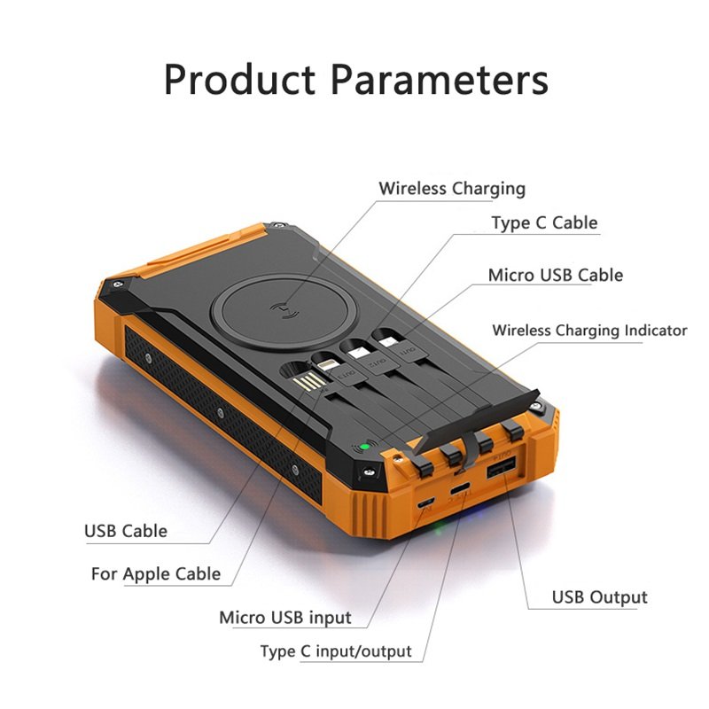 Large Capacity Solar Cell Phone Charger 20000-50000mah Wireless Charging Solar Power Bank with Cables