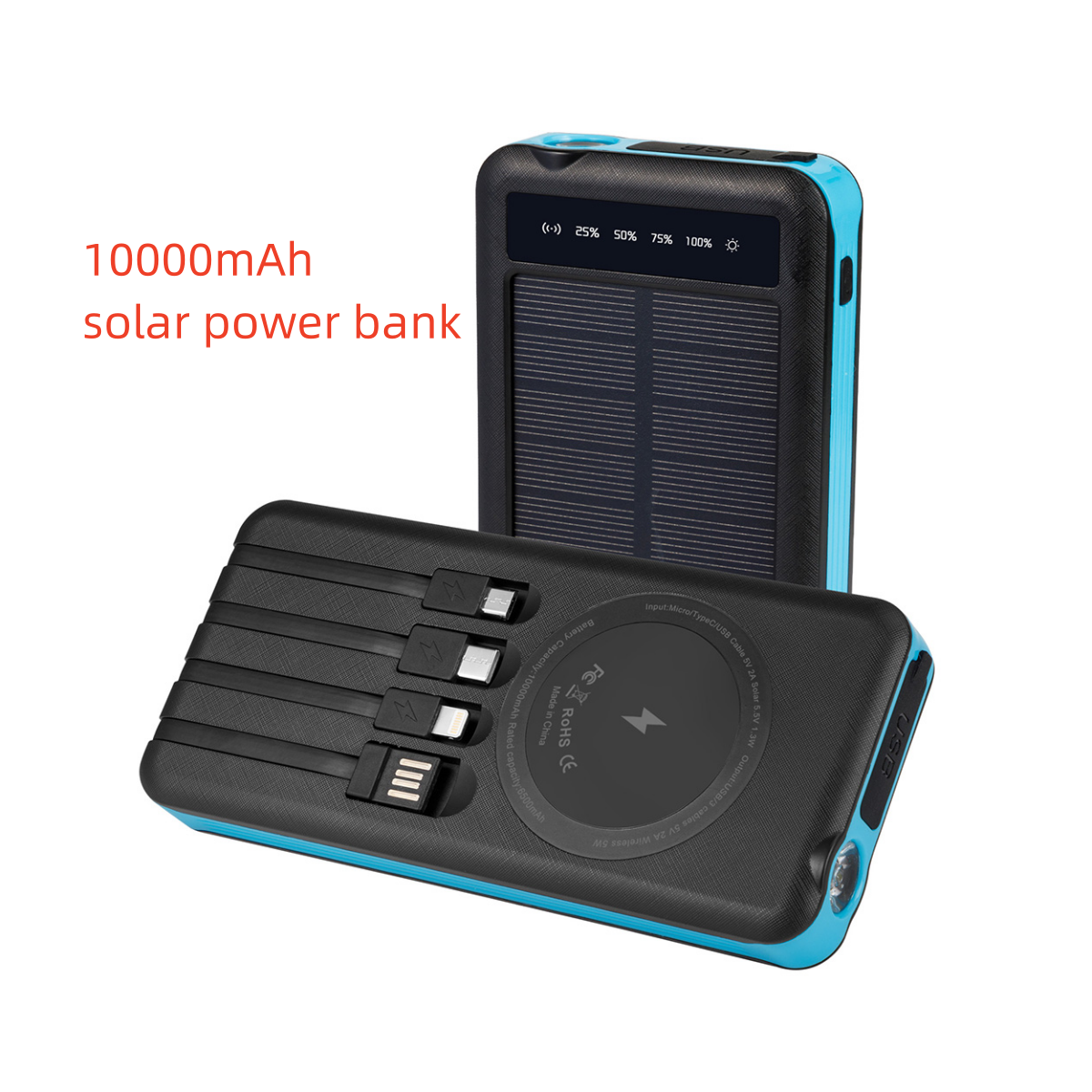 Solar power bank with four-wire 10000mAh fast charging wireless outdoor emergency flashlight dustproof power banks