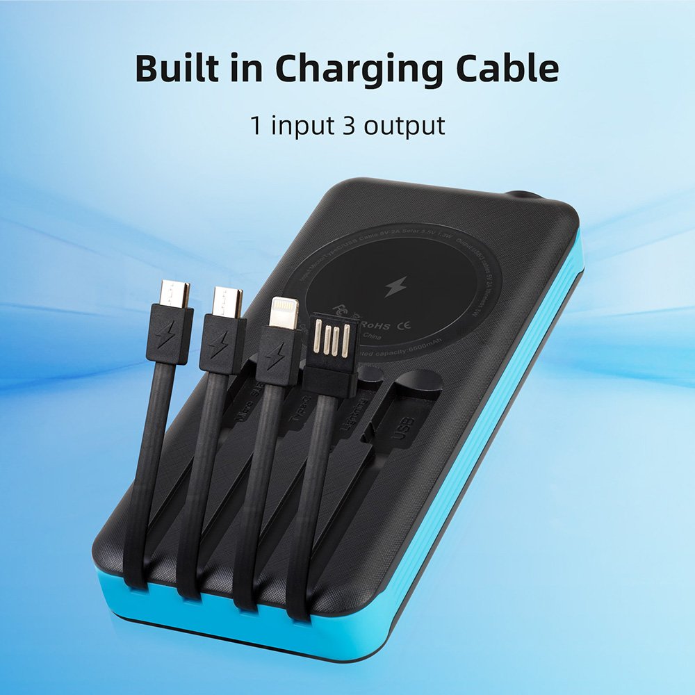 Solar power bank with four-wire 10000mAh fast charging wireless outdoor emergency flashlight dustproof power banks