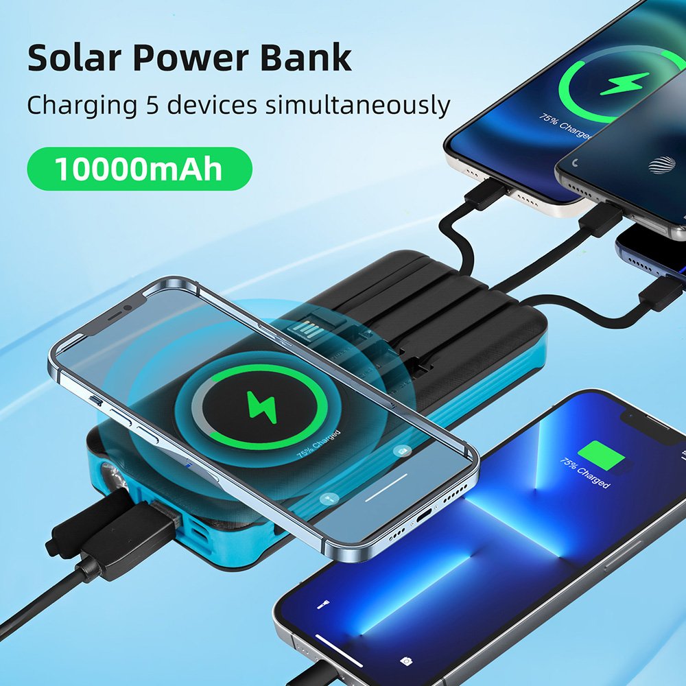 Solar power bank with four-wire 10000mAh fast charging wireless outdoor emergency flashlight dustproof power banks