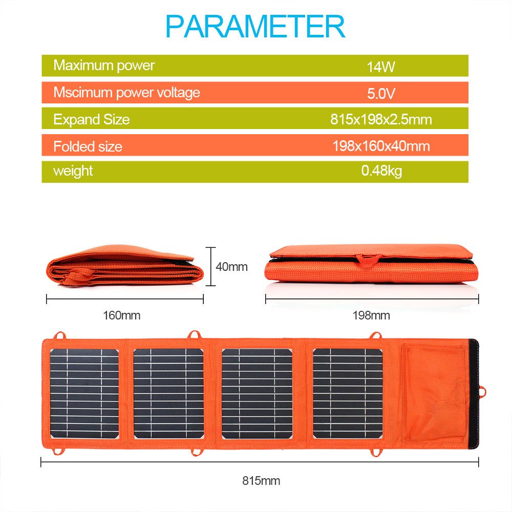 Solar Panel Charger 14 W with USB Port Waterproof Foldable Solar Charger for Camping Travel