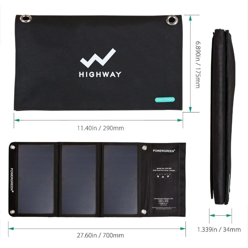 PowerGreen Quick Charge Flexible Solar Panel 21W USB Folding Solar Charger Power Bank, Portable Charger For Trekking