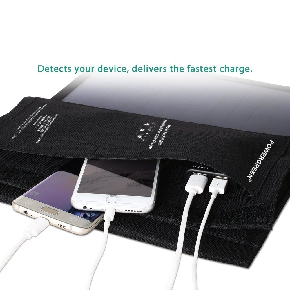 PowerGreen Quick Charge Flexible Solar Panel 21W USB Folding Solar Charger Power Bank, Portable Charger For Trekking