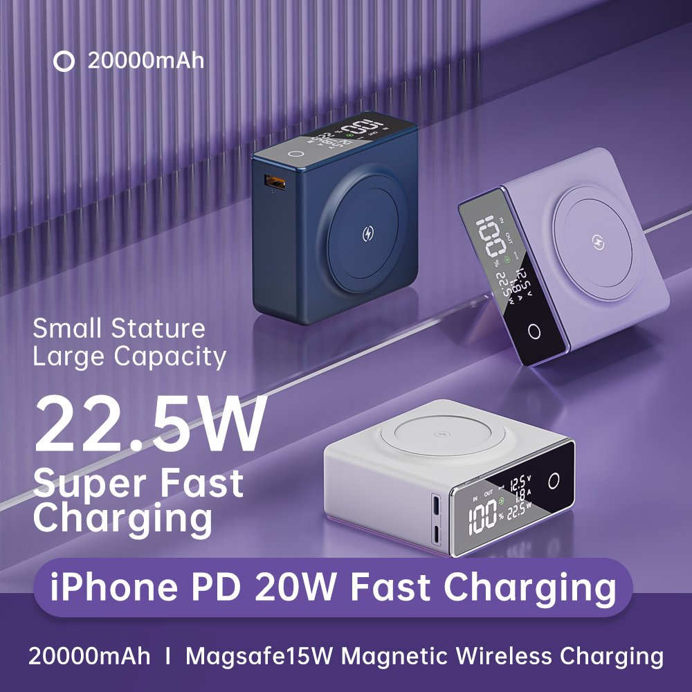 2024 Portable Ultra Slim Powerbank Digital Display 20000mAh Large Capacity Wireless Magnetic Power Bank