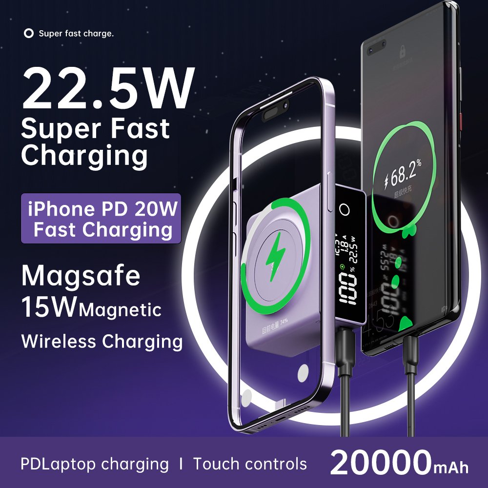 2024 Portable Ultra Slim Powerbank Digital Display 20000mAh Large Capacity Wireless Magnetic Power Bank