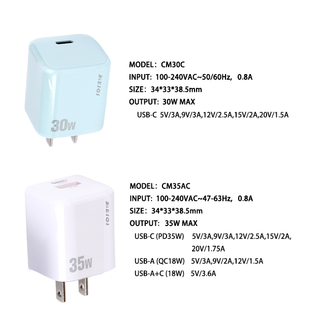 35w USB A GaN Mini Type C Phone Charger PD QC Dual Port Wall Chargers 5V 9V 12V 3A Fast Charger
