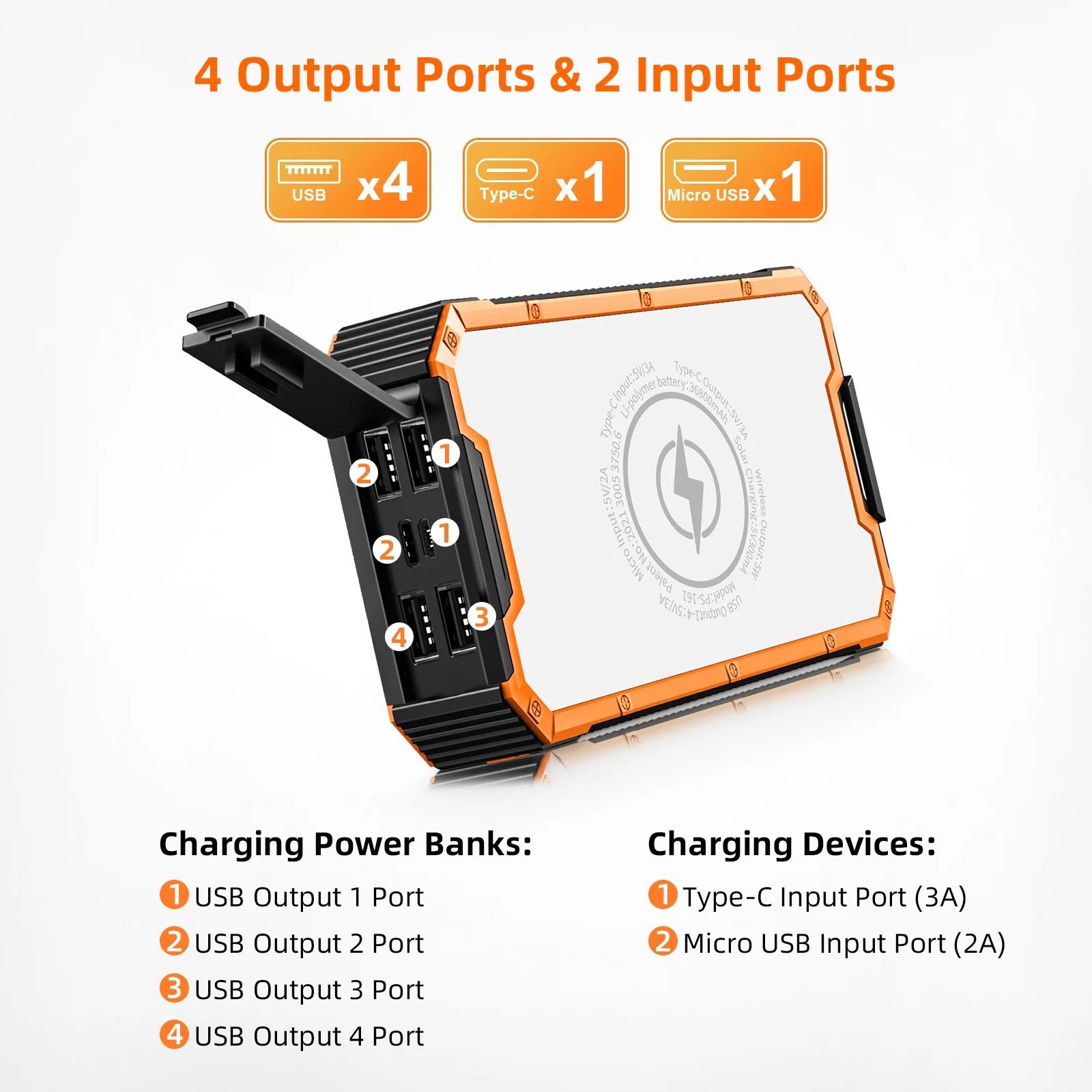 2024 Factory direct sales 36800MAh large capacity solar charger fast charging with LED light mobile power