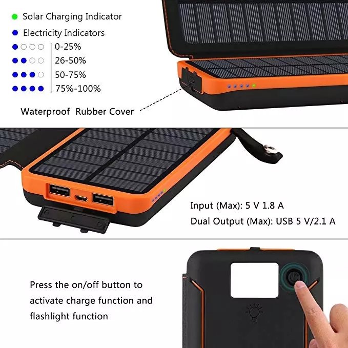 8000mAh Solar Power Bank with 3 Solar Panel Charger & 2 USB Output External Battery Pack Ultra Bright LED Flashlights for Outdo