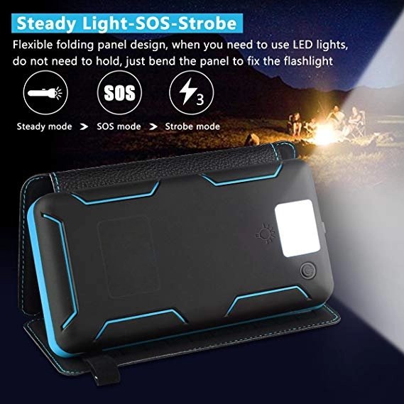 8000mAh Solar Power Bank with 3 Solar Panel Charger & 2 USB Output External Battery Pack Ultra Bright LED Flashlights for Outdo