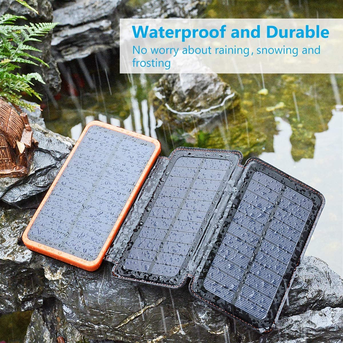 8000mAh Solar Power Bank with 3 Solar Panel Charger & 2 USB Output External Battery Pack Ultra Bright LED Flashlights for Outdo