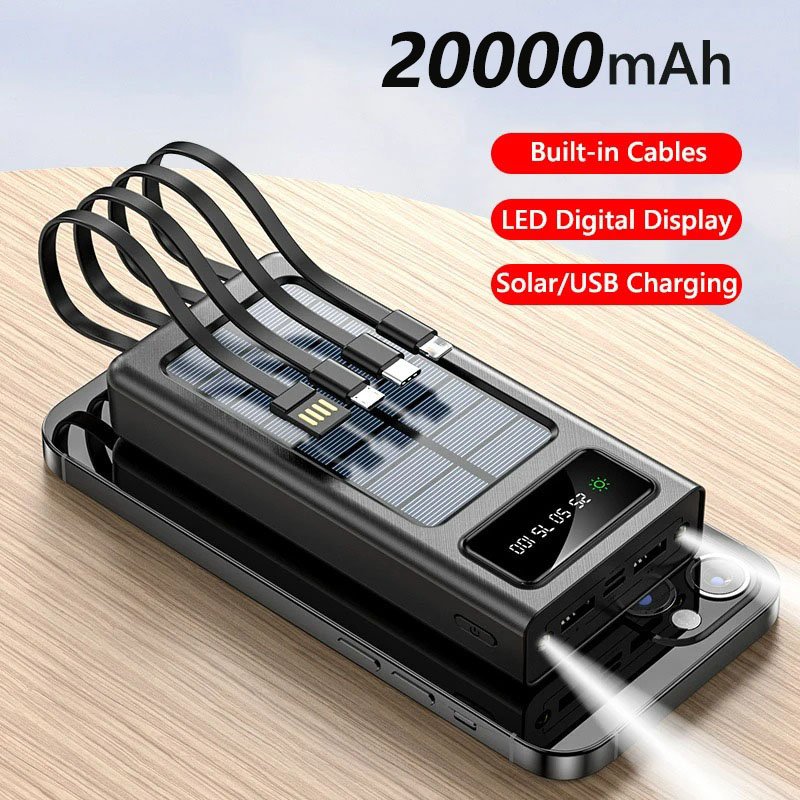2024 New Solar Power Bank 20000mah External Backup Battery Dual USB 4 Cable Solar Portable Charger for iPhone Android samsung