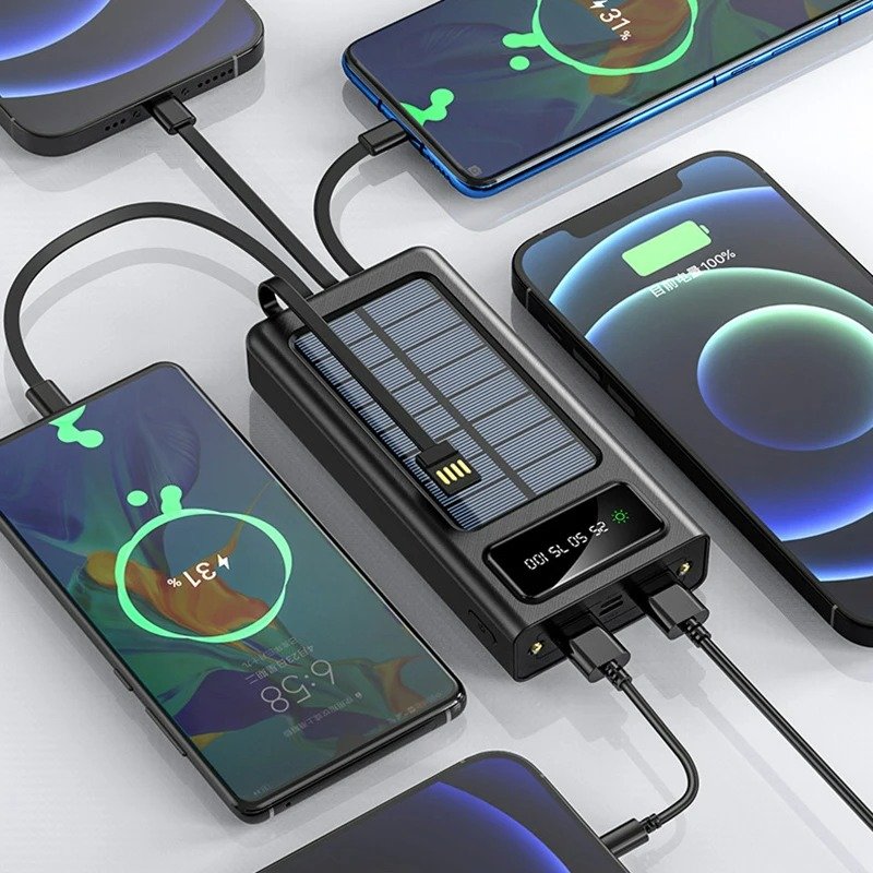 2024 New Solar Power Bank 20000mah External Backup Battery Dual USB 4 Cable Solar Portable Charger for iPhone Android samsung