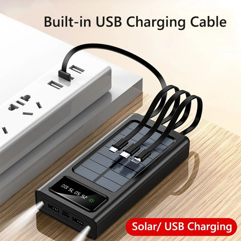 2024 New Solar Power Bank 20000mah External Backup Battery Dual USB 4 Cable Solar Portable Charger for iPhone Android samsung