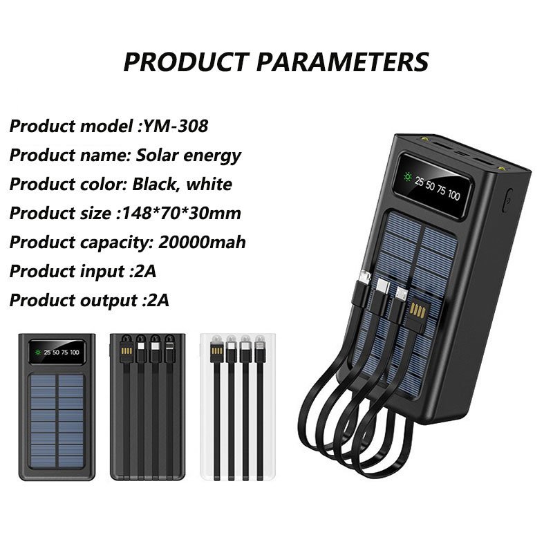 2024 New Solar Power Bank 20000mah External Backup Battery Dual USB 4 Cable Solar Portable Charger for iPhone Android samsung