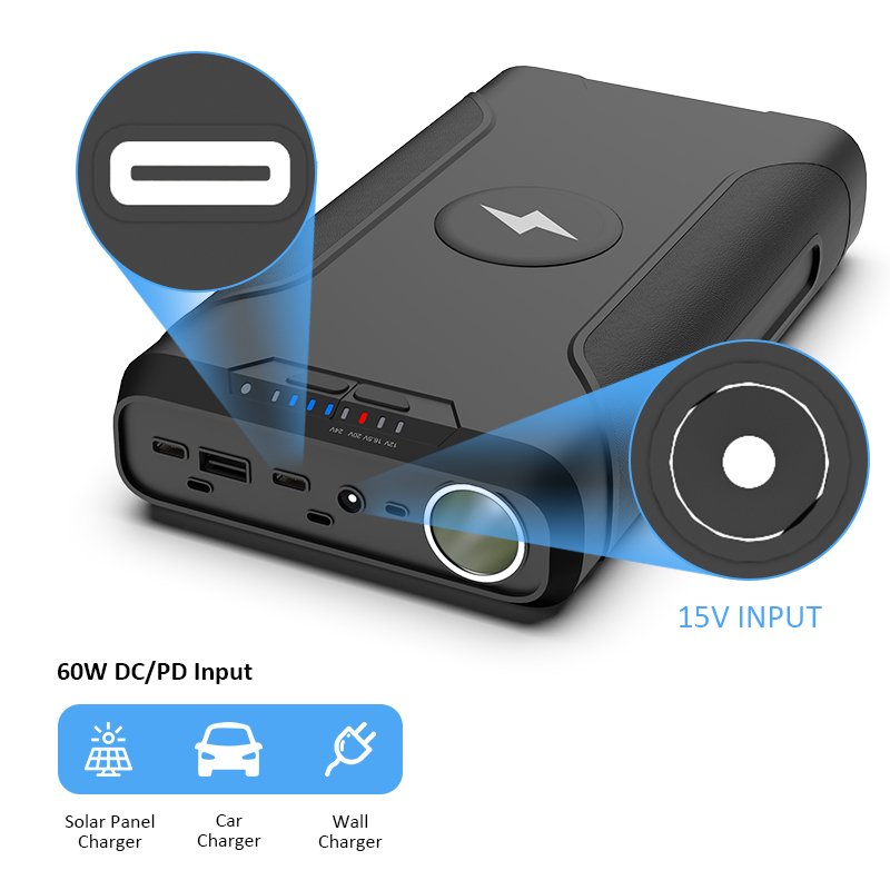 60000mah 72000mah 10W Wireless Solar Powerbank DC 12-24v Power Bank For Laptop PD 60W Power Banks 12v Cigar Out For Fishing