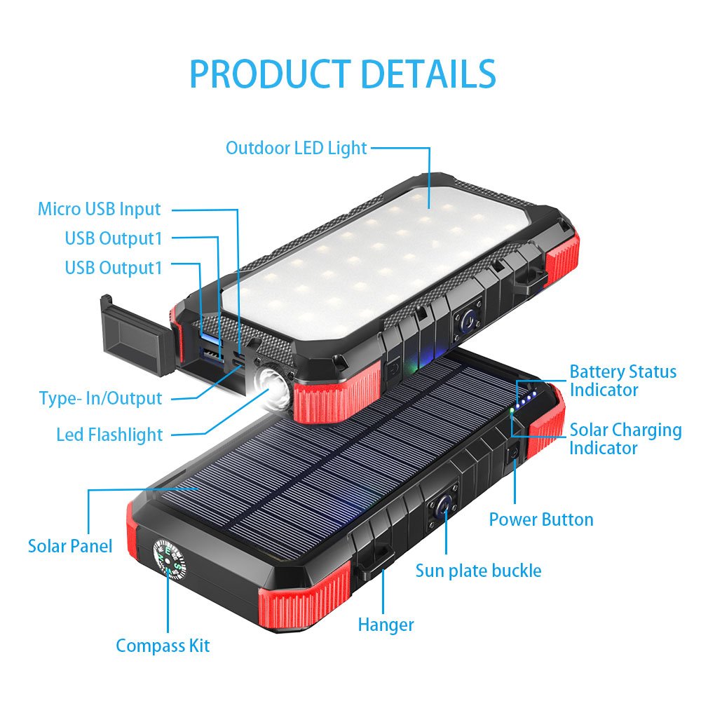2023 new hot sell on line outdoor rugged waterproof shockproof portable 20000mAh Solar power bank with 32 LED bright lighting