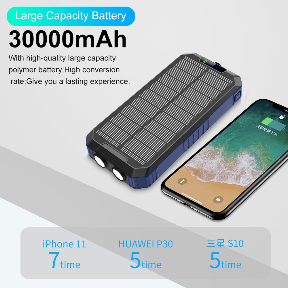 30000mah Portable Powerbank With Led Lights Power Bank For Wireless Charger Solar Power Bank Built In 3 Cables