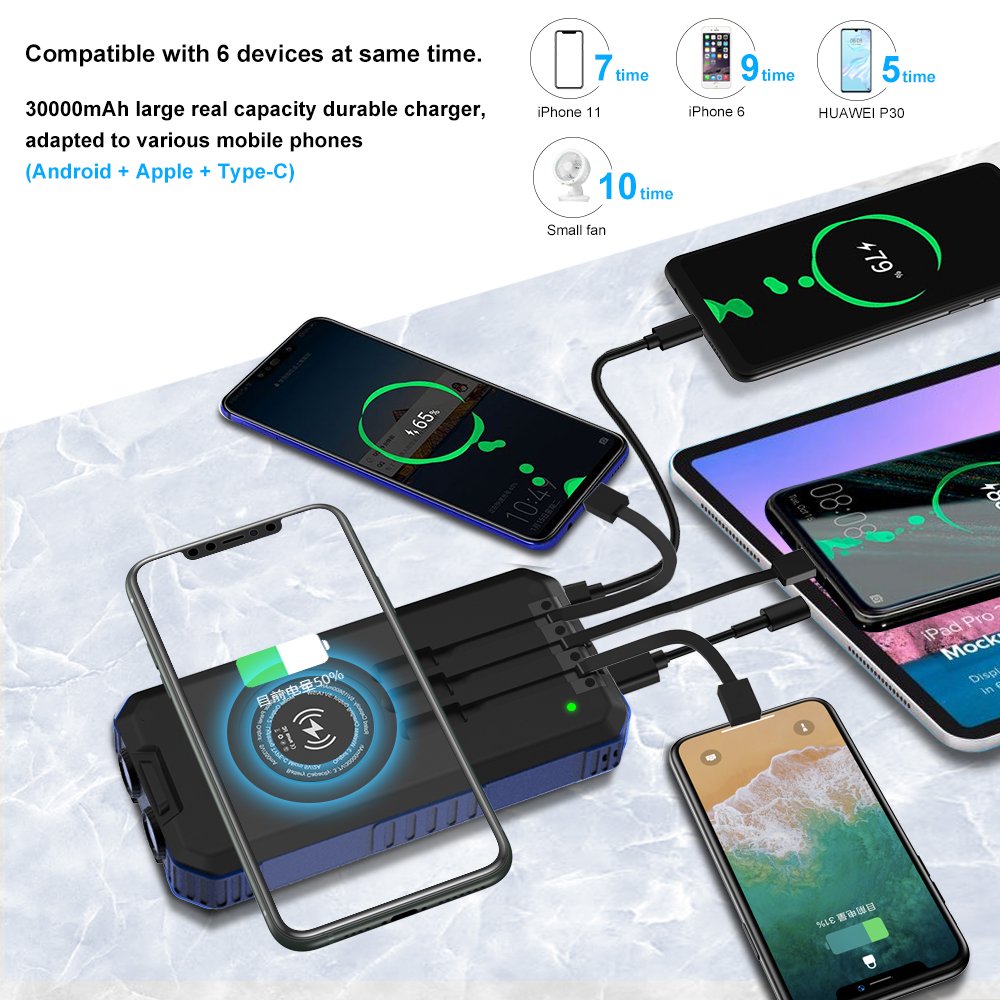 30000mah Portable Powerbank With Led Lights Power Bank For Wireless Charger Solar Power Bank Built In 3 Cables